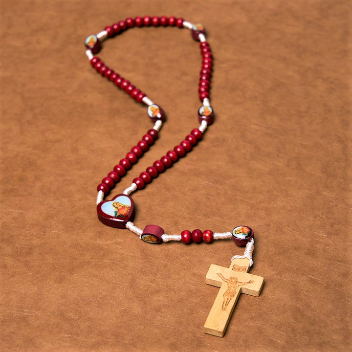 Christian Art Wine Red Wooden Beads Cross Virgin Mary Hand Held Rosary