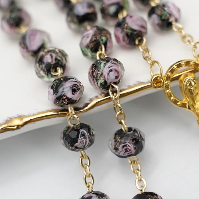 Flower Rose Glazed Beads Rosary with Mary & Crucifix