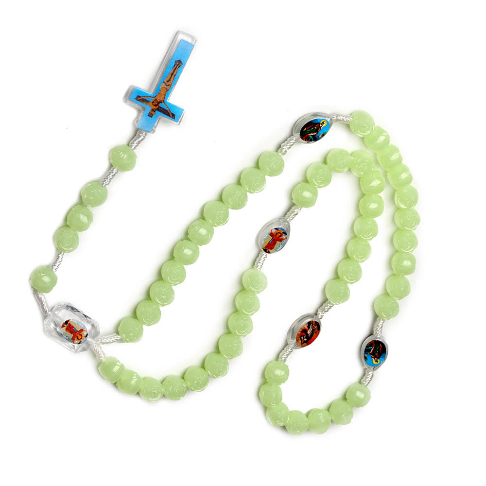 Christian Art Crucifix of 10 mm Rose Luminous Green Resin Nylon Cord Rosary