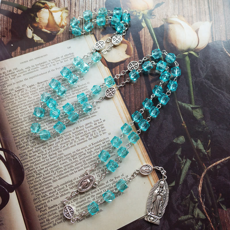 Miraculous Medal & Our Lady of Guadalupe of 8 mm Polyhedron Blue Crystal Alloy Chain Rosary