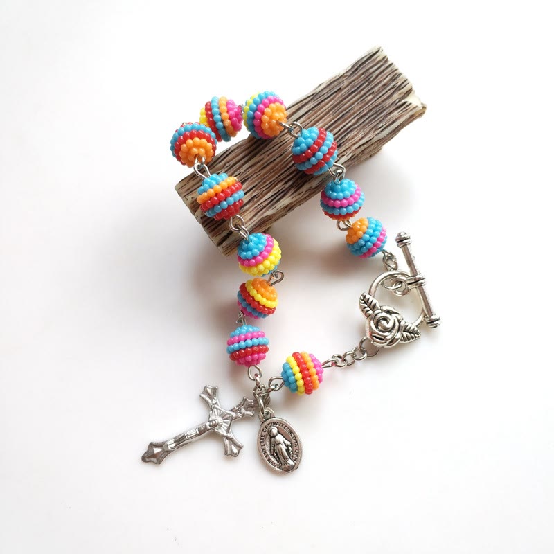 Christianartworkshop Jesus & Mary Rainbow Beaded Religion Wrist Bracelet