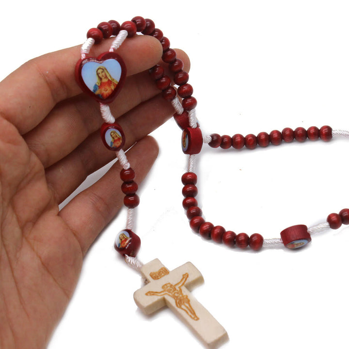 Wine Red Wooden Beads Cross Virgin Mary Hand Held Rosary
