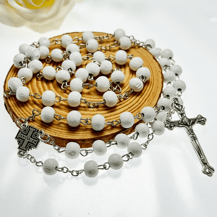 Christian Art Jerusalem Medal & Crucifix of 7 mm Round White Rosewood Alloy Chain Rosary