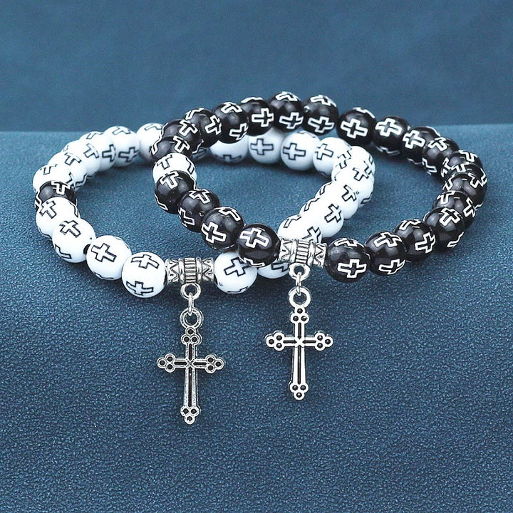 Christian Cross Printed Black & White Bead Bracelet