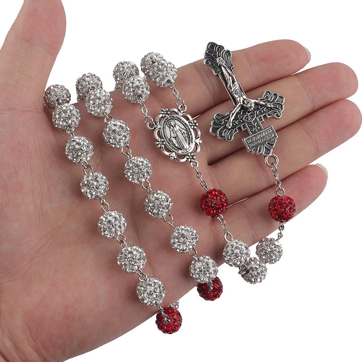 Christian Art Miraculous Medal & Crucifix of 8 mm Round Silver Metal Gems Alloy Chain Rosary