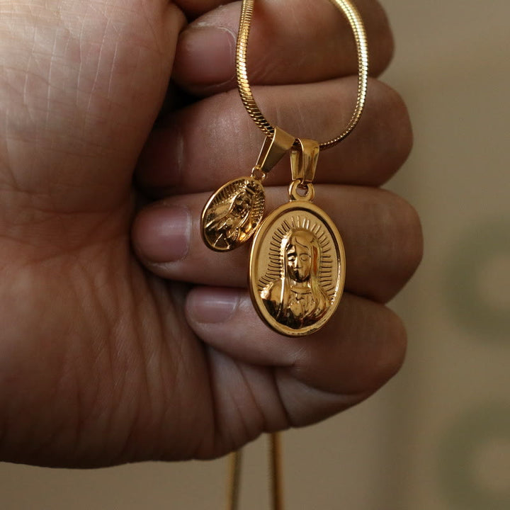Our Lady of the Round Double Pendant Gold Necklace