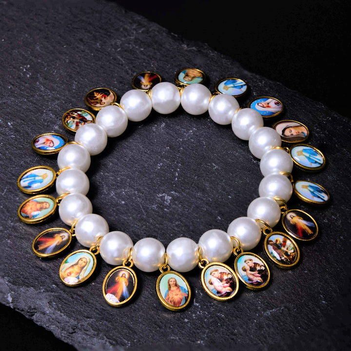 Christian Art Retro Style Saint Jesus Mary Medals Cross Pearl Bracelet