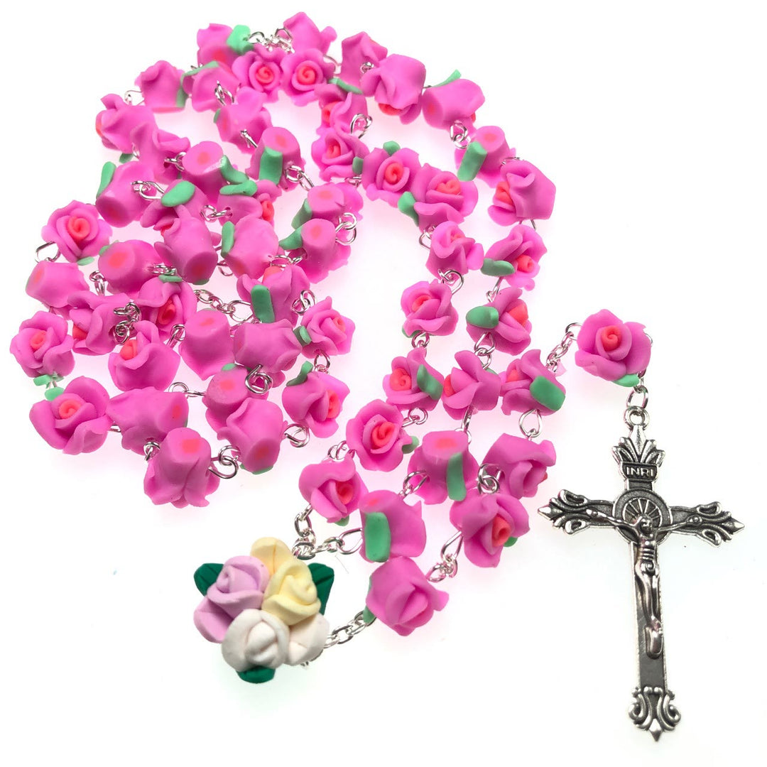 Christianartworkshop Crucifix of 8 mm Rose Multicolor Polymer Clay Alloy Chain Rosary