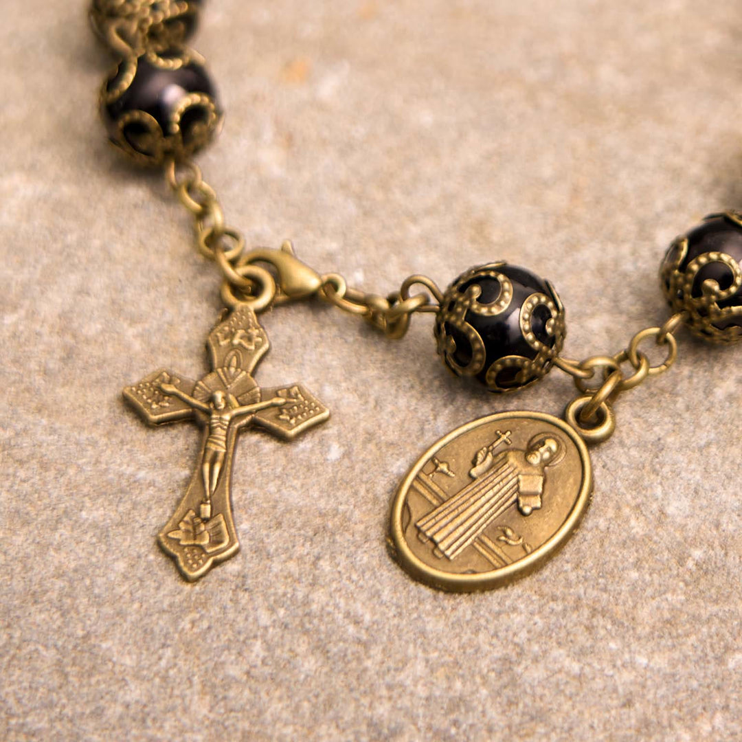 Crafted Retro Black St. Benedict Medal & Crucifix Rosary Bracelet