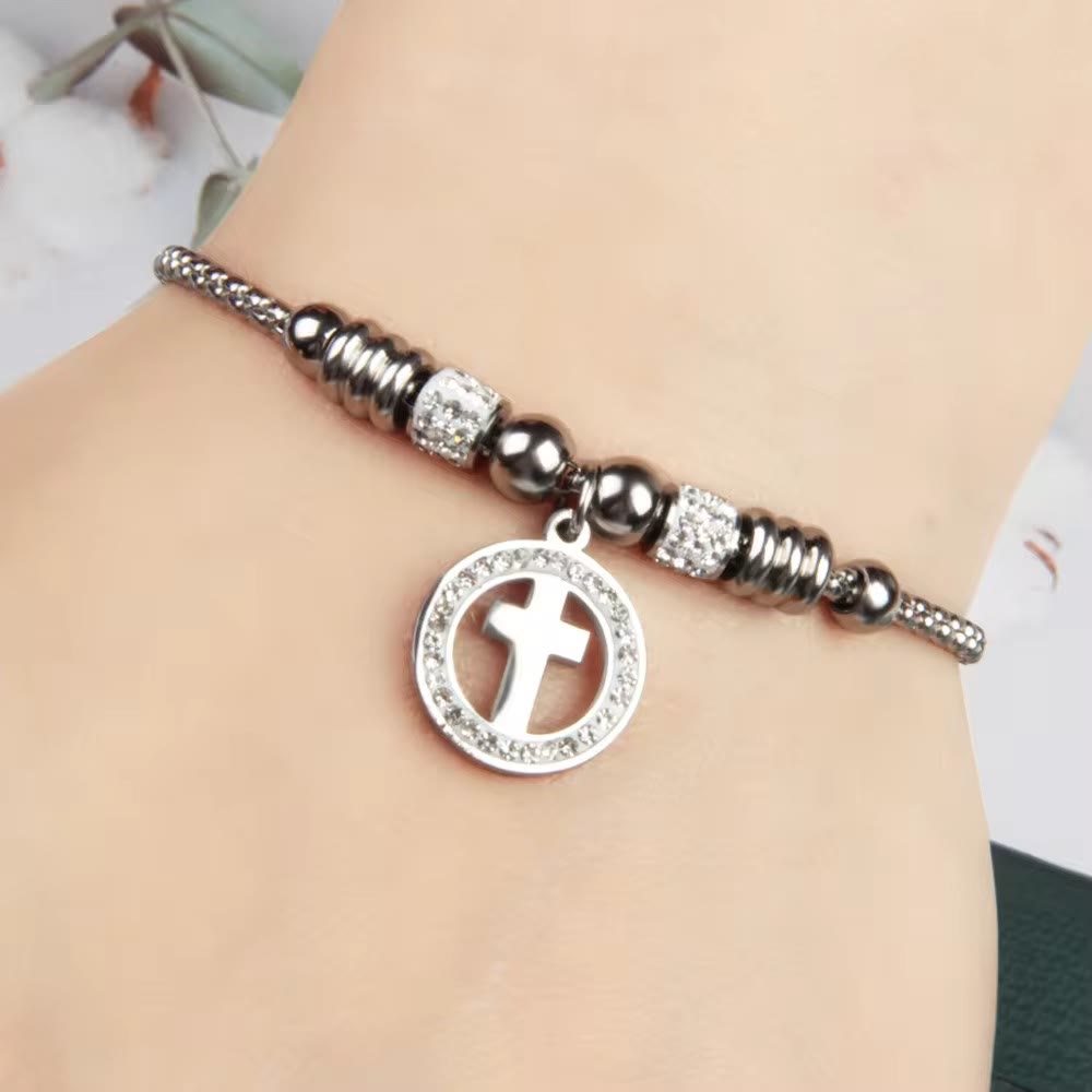 Crafted Circle Cross Charm Zirconia Christian Bracelet