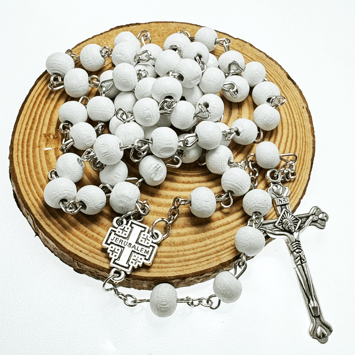 Christian Art Jerusalem Medal & Crucifix of 7 mm Round White Rosewood Alloy Chain Rosary