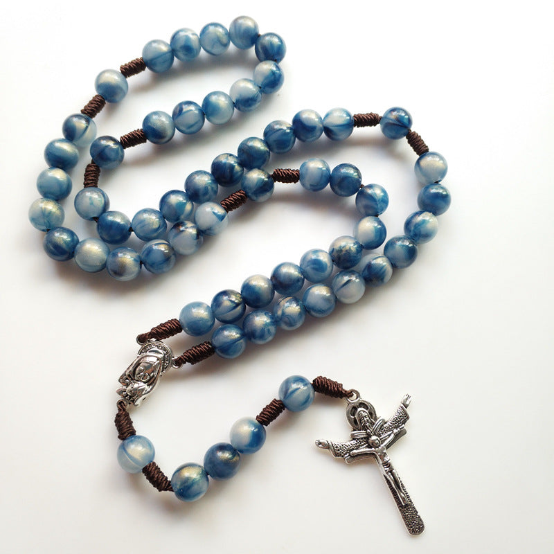 Discount Today: Blue Beads Hand-Woven Crucifix Rosary