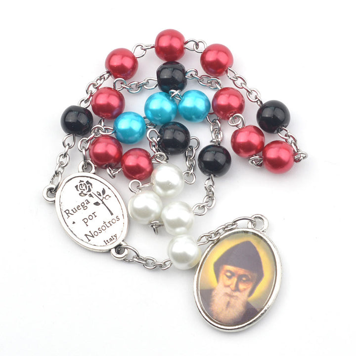 St. Charbel Pendant Glass Multicolor Beads Rosary