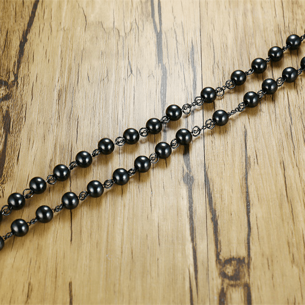 Christian Art Our Lady of Grace & Crucifix of 8 mm Round Black Steel Ball Alloy Chain Rosary