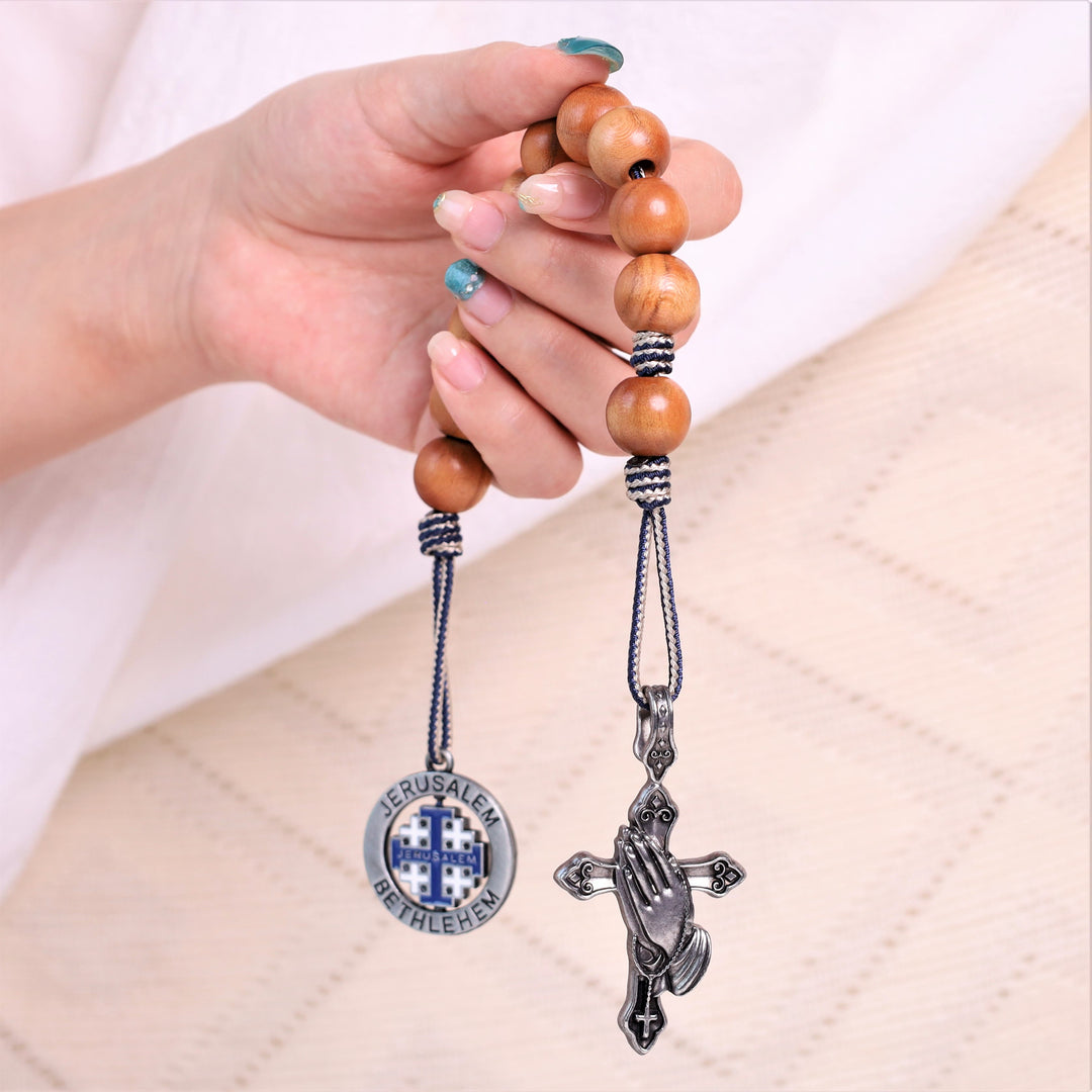 Praying Hands & Jerusalem Medal: Olive Wood Bless Pocket Rosary
