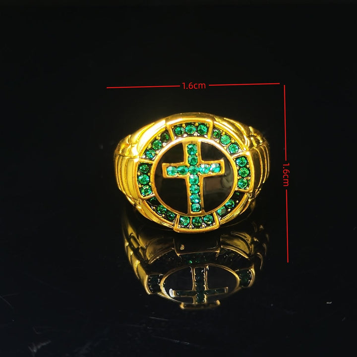 Christian Art Retro Style Green Gemstones Cross Golden Alloy Ring