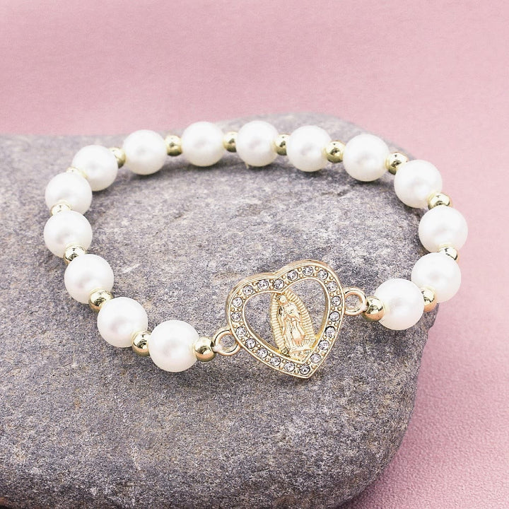 Christianartworkshop Rhinestones Heart-shaped Virgin Mary Pearl Bracelet