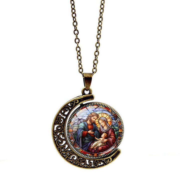 Jesus Holy Family Double-Sided Rotating Moon Pendant Necklace