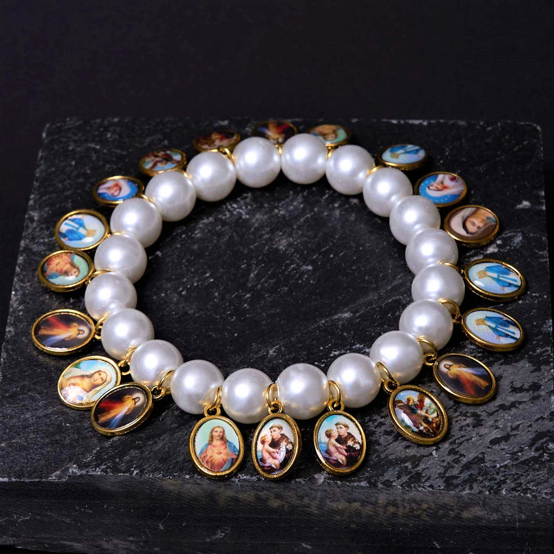 Christian Art Retro Style Saint Jesus Mary Medals Cross Pearl Bracelet