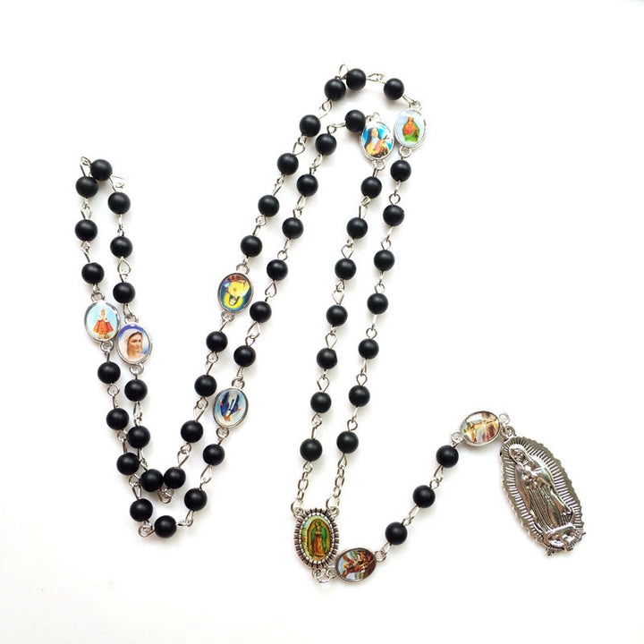 Christian Art Our Lady of Guadalupe of 6 mm Round Black Agate Alloy Chain Rosary