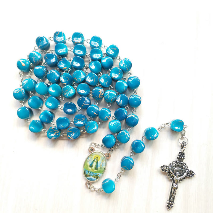 Christianartworkshop Our Lady of Guadalupe & Crucifix of 10 mm Polyhedron Peacock Blue Acrylic Alloy Chain Rosary