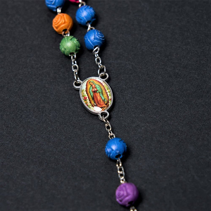 Christian Art Our Lady of Guadalupe & Crucifix of 8 mm Rose Multicolor Resin Alloy Chain Rosary