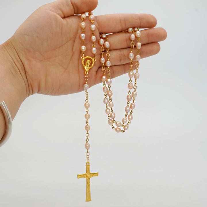 Natural Pink Pearl Virgin Mary & Crucifix Rosary