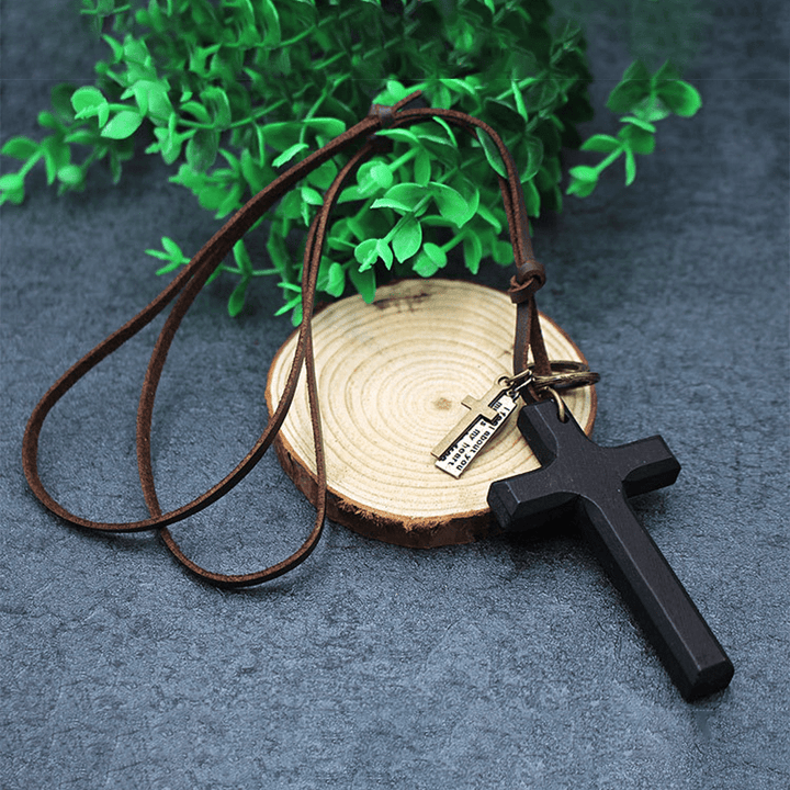 FREE Today: Vintage Wood Cross Adjustable Leather Necklace