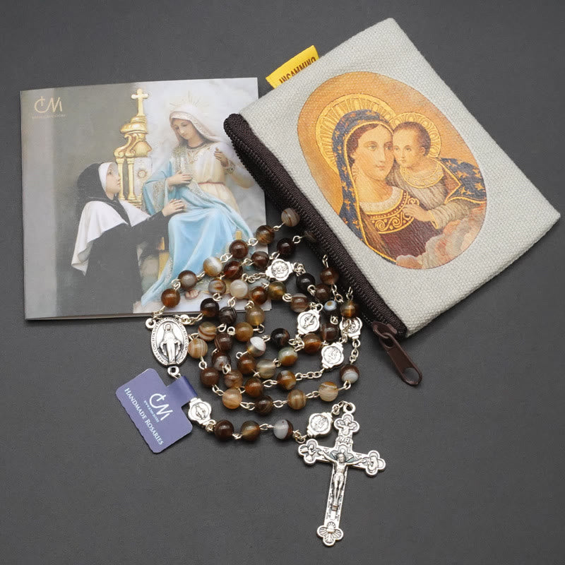 Christianartworkshop Virgin Mary Agate Prayer Rosary with 5-in-1 Crucifix