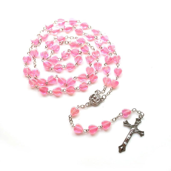 Pink Clear Shiny Heart Prayer Rosary