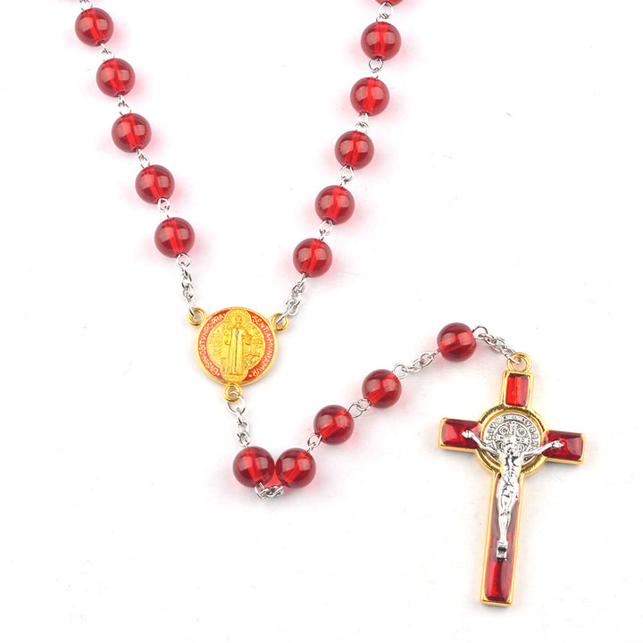 Catholic St. Benedict Centerpiece Red Glass Beads Cross Rosary