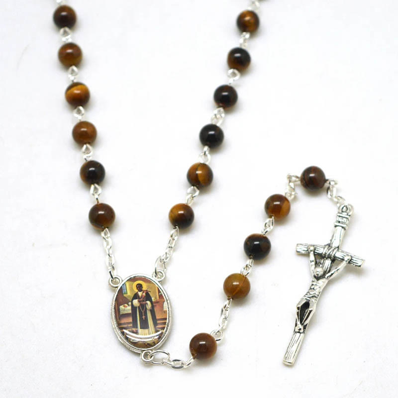 Holy Jesus Cross Tiger Eye Stone Christian Rosary
