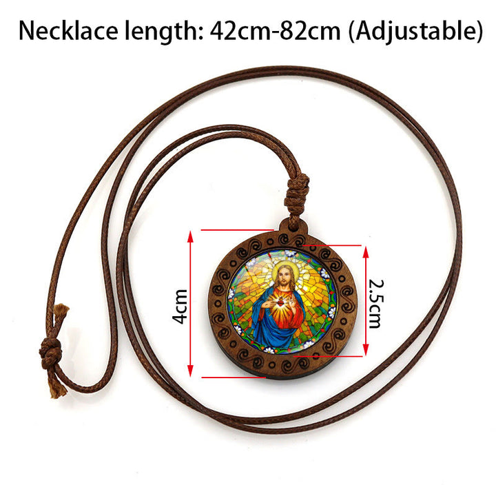 Jesus Sacred Heart Time Gemstone Wood Pendant Necklace