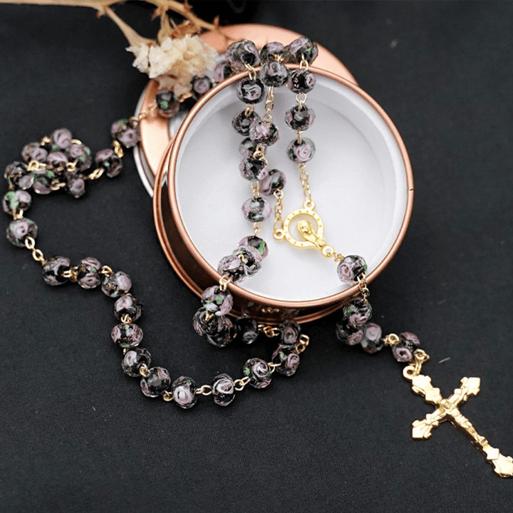 Flower Rose Glazed Beads Rosary with Mary & Crucifix