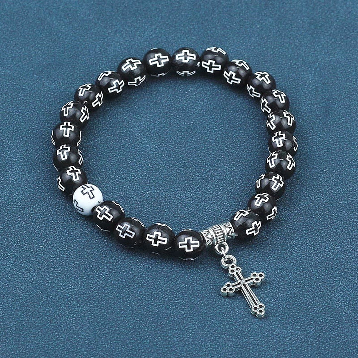 Christianartworkshop Cross Printed Black & White Bead Bracelet