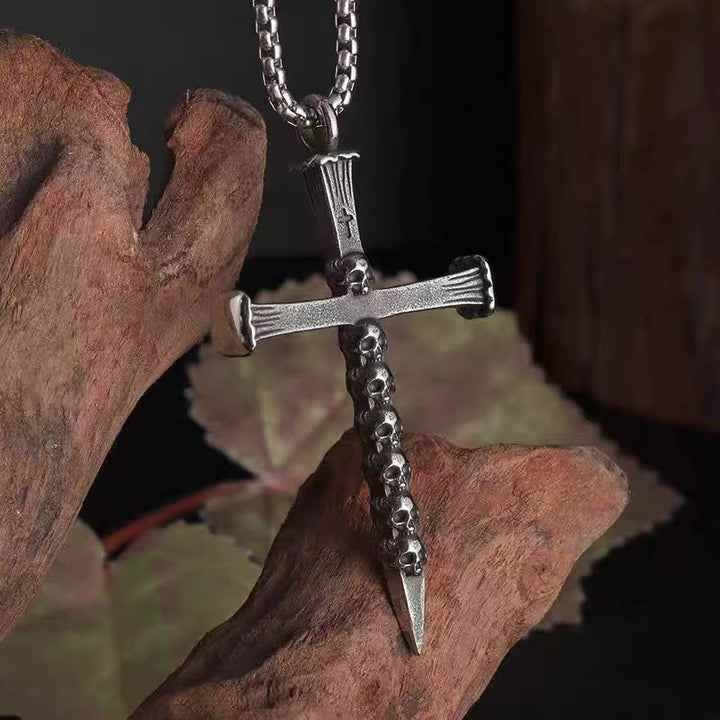 Titanium Steel Skull Nail Cross Pendant Necklace