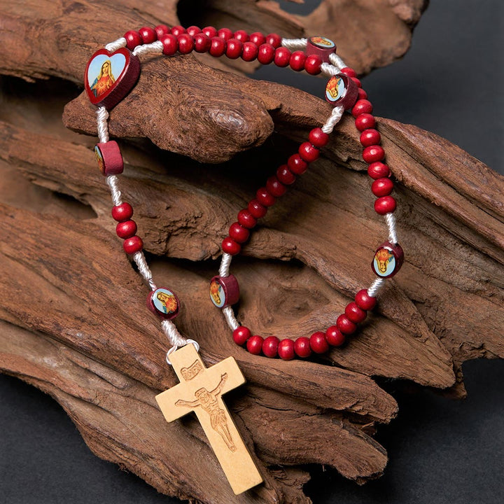 Christian Art Wine Red Wooden Beads Cross Virgin Mary Hand Held Rosary