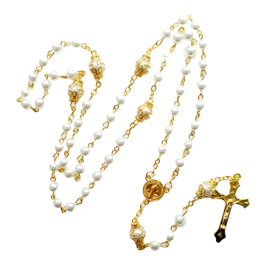 Discount Today: St. Benedict Medal & Crucifix of 6 mm Round White Pearl Alloy Chain Rosary