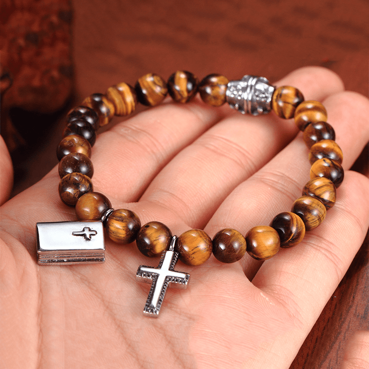 Christian Art Bible Cross Tiger Eyes Stone Titanium Bracelet