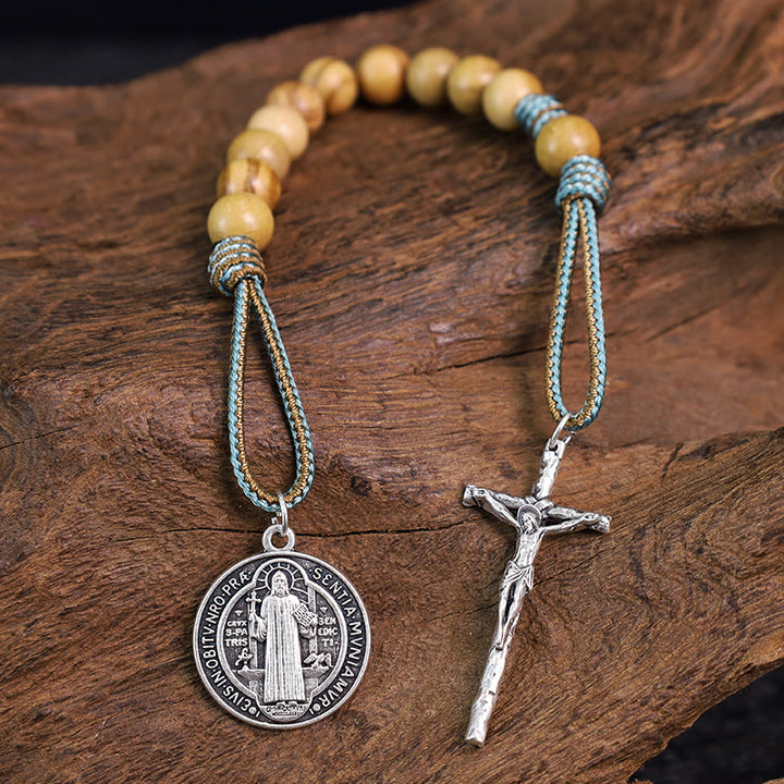 Olive Wood Pocket Rosary with Sceptre Crucifix & Saint Benedict Medal