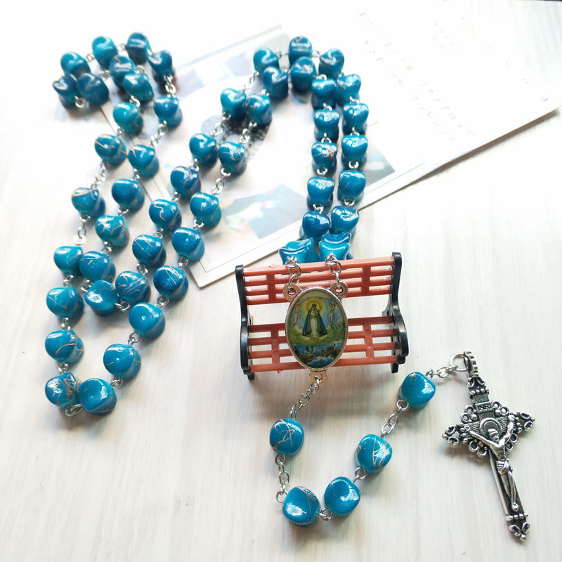 Christian Art Our Lady of Guadalupe & Crucifix of 10 mm Polyhedron Peacock Blue Acrylic Alloy Chain Rosary