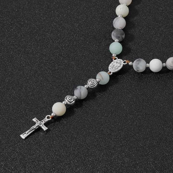 Christian Art Miraculous Medal & Crucifix of 8 mm Round Multicolor Stone Nylon Cord Rosary