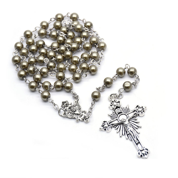 Pearl Beads Crucifix Rosary with Jesus Heart (3 color)