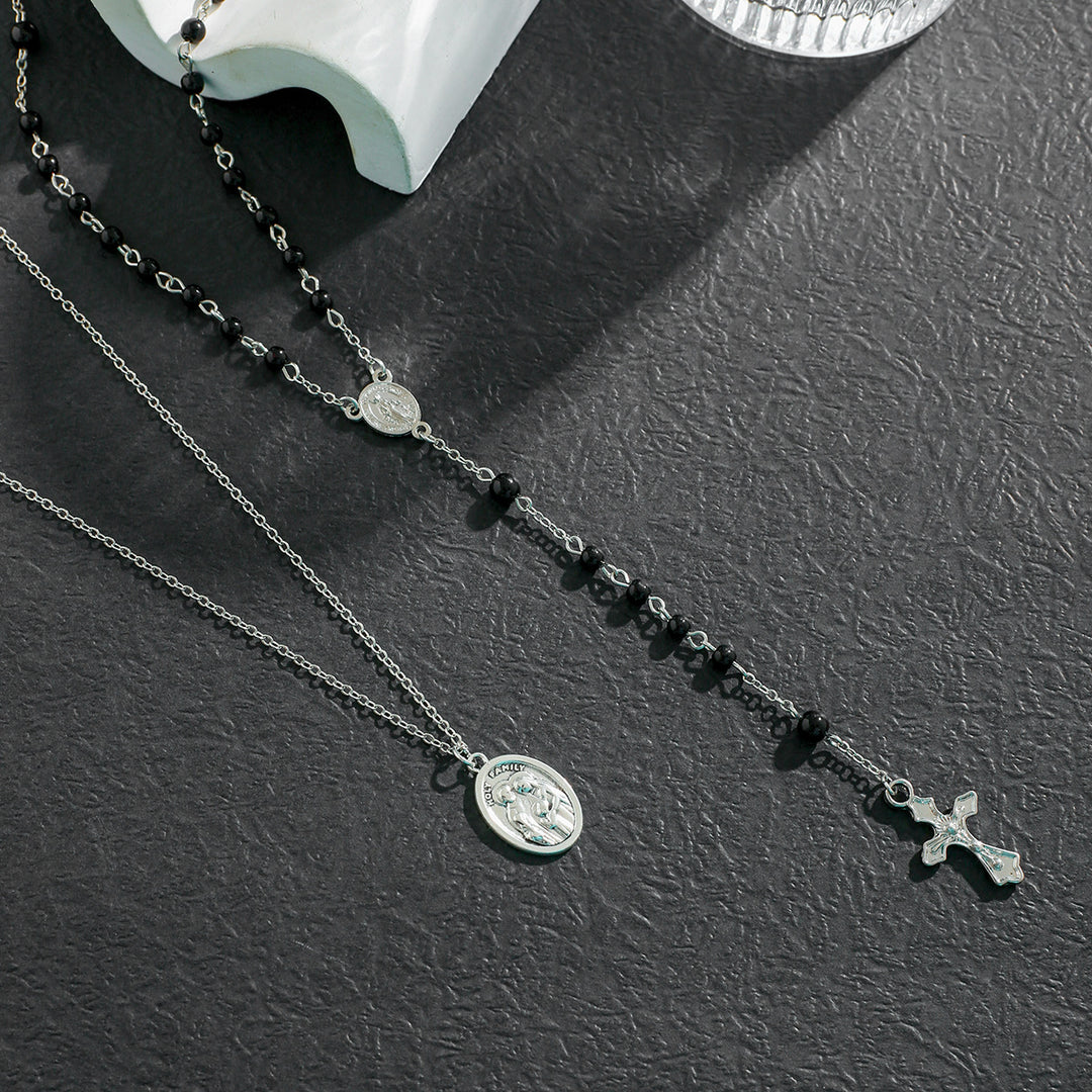 Christ Layered Cross Black Bead Necklace