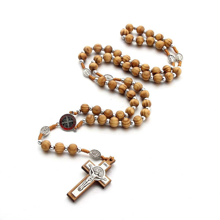 Natural Wood Handmade Rosary With Saint Benedict Cross