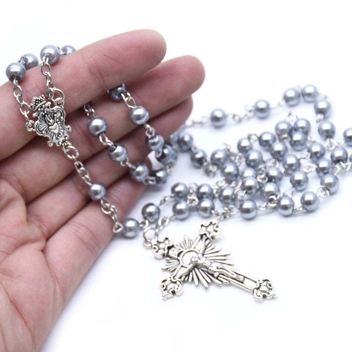 Pearl Beads Crucifix Rosary with Jesus Heart (3 color)