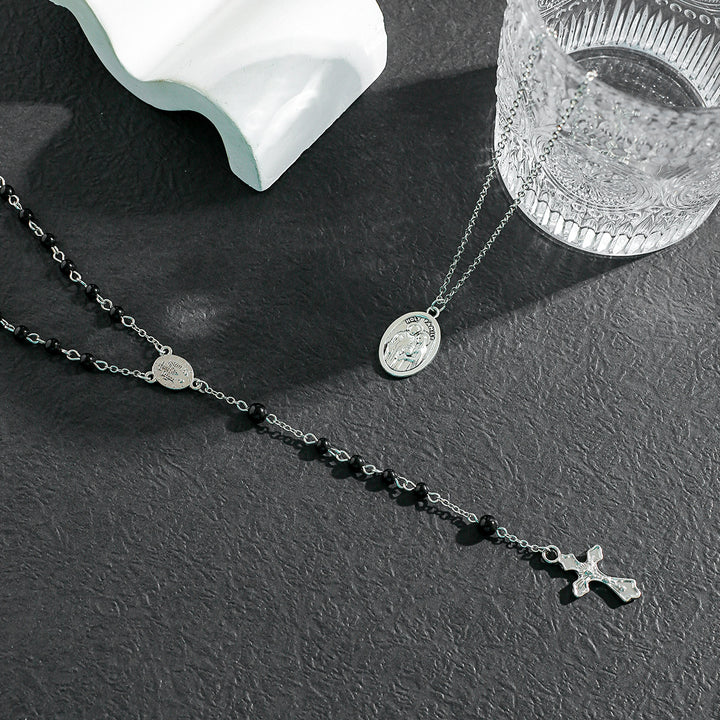 Christ Layered Cross Black Bead Necklace